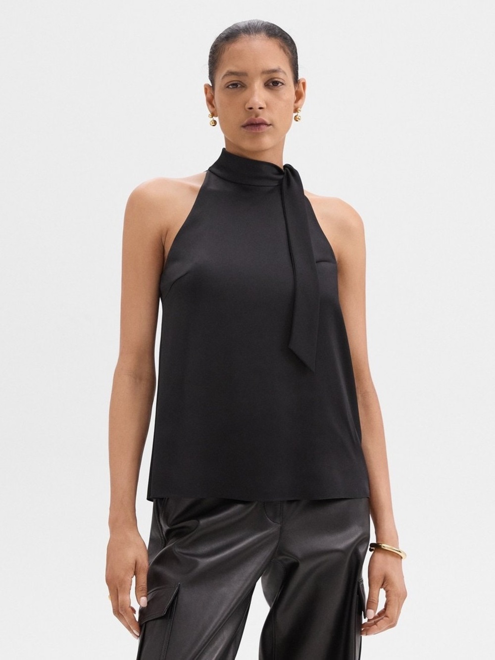 Theory Tie-Neck Halter Top in Textured Satin Navy Blue NWT Small MSRP $106